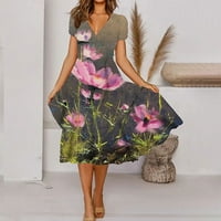 Ljetne haljine za žene plus veličine kratkih rukava za tisak cvjetnog uzorka V-izrez Midi fit i flare Y2K moda Elegantni odmor PočetnaKmiranje A-line Swing Hem Ruched haljina