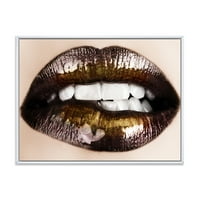 Designart' Gold Black Lips Grize ' Moderni Uramljeni Platneni Zidni Umjetnički Print