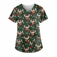 Leylayray ženska bluza za Božićnu štampu kratki rukav V-izrez vrhovi radni džep bluza zelena XXXL