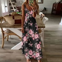 Ženske haljine ljetne cvjetne štampane bez rukava labave haljine za ljuljanje na plaži seksi V izrez špageti