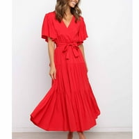 Ljetne haljine za žene kratki rukav srednje dužine slobodno vrijeme čvrsta a-linija V-izrez haljina crvena XL