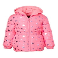 Pink Platinum Girls hooded Foil Heart zimski Puffer kaput sa pletenim Pom kapicom, veličine 4-16