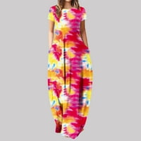USMixi ženske haljine modni sažeti džep boho dugačak sendu za plažu za odmor modni perje tisak okruglih vrata kratkih rukava maxi ljetna haljina vruća ružičasta xl