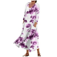 GDFUN ženska modna casual tiska Okrugli rukav za rukav u obliku džepa - Ženske ljetne haljine midi duljine