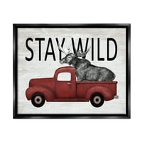 Stupell Industries Stay Wild Moose Antique Red Pickup Graphic Art Jet Black Plutajući uokvireni platno