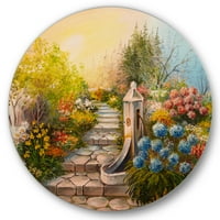 Designart' kamene stepenice u šumi cvjetajućeg cvijeća ' tradicionalni krug metalni zid Art-disk od 29