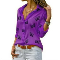 Ženske Modne Casual Duge Rukave Print Dugme V-Izrez Majice Tops Bluza