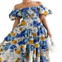 Lamuusaa ženska duga haljina, elegantan kratki rukav sa cvetnim printom ramena labava letnja haljina za ljuljanje