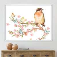 Lijepa ptica koja sjedi na grani Sakure sa leptirima uokvirenim slikanjem platna Art Print