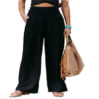Ženske pamučne lanene pantalone elastične pantalone visokog struka labave široke noge Palazzo Lounge sportske pantalone za jogu sa džepovima