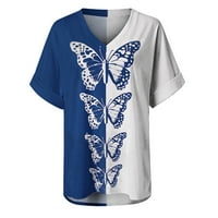 Manxivoo T majice za žene Ženske ležerne ljetne cvjetne kratke rukave V rect majica s tiskanim labavim bočnim podijeljenim majicama za žene plavo