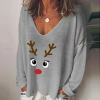 Scyooekwg božićne majice za žene plus veličina pulover s dugim rukavima Grafičke teženje Božićni vrhovi ispisa CSOOP CAT CATR labavi fit bluze Duks dugih rukava Bluze sive s