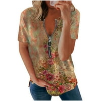 Strungten trendi ljetne majice Ženska Moda Casual Vintage Cvjetni štampani Casual T-Shirt kratki rukav sa patentnim zatvaračem V-izrez pulover bluza Tops ženske majice