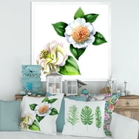 Dizajnerska 'drevna bijela cvijeća Camellia sa zelenim lišćem' tradicionalnim uokvirenim umjetničkim otiskom