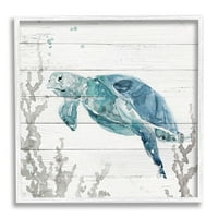Stupell Industries Plivanje Morska kornjača Koral plaža Plank Dizajn Grafička umjetnost Bijela UKLJUČENA Art Print Wall Art, Dizajn Carol Robinson