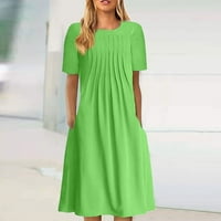 TKing Moda ženska ljetna Casual Print labava haljina sa džepovima kratki rukav Midi haljina na plaži fluorescentno zelena M
