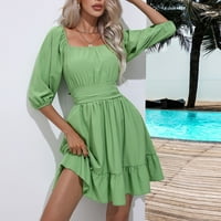 Efsteb ljetne haljine za žene plus veličina klirens trendi jednobojne haljine s kratkim rukavima kvadratni vrat Casual elegantne plisirane haljine Mini haljine zelene XL