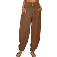 Ljetne lanene pantalone za žene jednobojne pantalone sa vezicama žene Comfort labave pantalone za jogu sa džepom, ženske atletske sužene pantalone