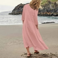 Ženske ljetne haljine za žene Datum Casual Dugi rukav dužina gležnja V-izrez čvrsta a-linija haljina Pink