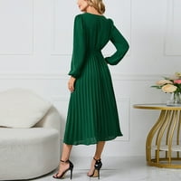 Tking Fashion Womens Summer Casual elegantne čvrste plisirane haljine dugi rukav V-izrez Maxi šifonske haljine sa pojasom zeleni 2XL
