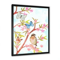 Pametna ptica koja sjedi na grani proljetnog stabla sa leptirima uokvirenim slikanjem platna umjetnosti