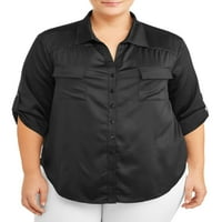 Ženska košulja sa satenskom opremom Plus Size sa džepovima i rukavima za rolanje