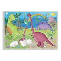 Happy Dinosaurs Playing by Rainbow Illustration Framed Painting Art Print