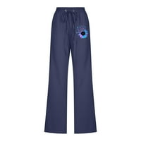 Yievot ženske lanene pantalone sa džepovima klirens ženske Casual Printing elastični struk labave pantalone ravne široke pantalone sa vezicama tamno plave l
