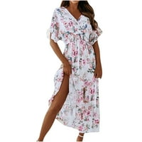 Ženska modna haljina kratki rukav V-izrez cvijeće Print plaža slobodno vrijeme duga haljina