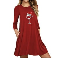 jsaierl Božić haljine za žene Glass Print Dugi rukav haljina Holiday Casual Crewneck Mini Shirt haljina