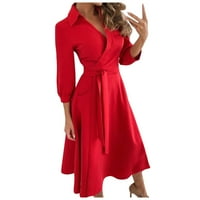 Cuoff ljetne haljine za žene modni Casual rever jednobojna Sedmedijelna rukava duga haljina crvena XL