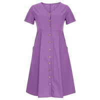 Patlollav trendy haljine za žene Ljeto V-izrez Čvrsti kratki rukav džep pamučna posteljina haljina