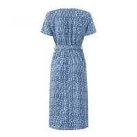 Ljetna haljina za žene kratki rukav Wrap V izrez cvjetni Print Midi haljina sa pojasom plavi XXL