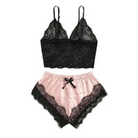 Wofedyo Satin čipka V-izrez Camisole Bowknot Shorts Set Sleep Badžamas Donje rublje pidžame za žene Pink XL
