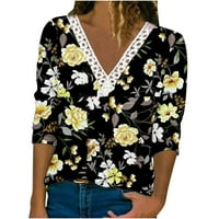 Ženske duge rukave majice čipkaste majice cvetne labave majice bluze padaju košulje Casual Dressy bluze tunike Crne XL