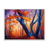 Sažetak plave siluete drveća u narančasto jesen šuma uokvirena slikarstvo platno Art Print