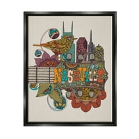 Stupell Industries Nashville Music City Bird detaljni cvjetni uzorci grafika Umjetnost Jet Crni plutajući