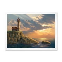 Designart 'Lighthouse On A Rocky Coastal Cliff At Evening Light' Nautical & Coastal Framed Art Print