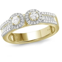 Carat T. W. okrugli i Baguette-brušeni bijeli dijamant 10kt žutog zlata Dvokameni prsten
