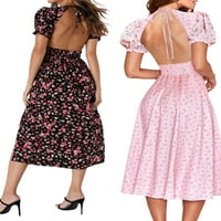 Ženske ljetne cvjetne duge haljine, Puff Sleeves V izrez sa strane Split haljine plaža Maxi haljine