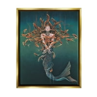 Stupell Industries Mermaid Fish Swirling Painting Fairy Tales & Fantasy Painting Gold Floater Framered