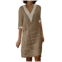 Ljetna haljina sa džepovima čipkasta Trim V izrez čvrsta T~Shirt haljina za žene pamučna posteljina Casual