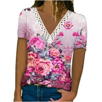 Ženske modne vrhove Ljeto cvjetno print čipke TRIM V izrez kratkih rukava Grafičke majice Redovna fit Comfy tunika bluza Trendy Thirt Top Pink XL