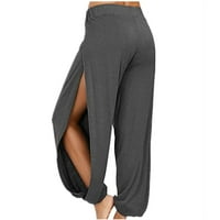 Hanas pantalone ženske jednobojne Split visoke rastezljive vježbe za trčanje joga pantalone za slobodno vrijeme tamno sive XL