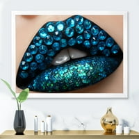PROIZVODNJA 'Ženska usne sa crnim ružnim plavim dijamantima Modern Frammed Art Print