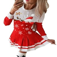 Lilylll Womens Božićna zabava Dugi rukav Santa Ispis Pleased mini haljina