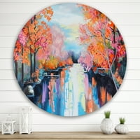 Designart 'The River Through Orange Autumn Forest' Lake House Circle Metal Wall Art-disk of 36
