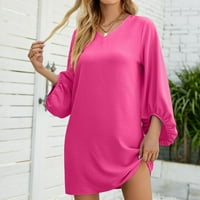 Zpanxa ljetne haljine za žene modni Casual Puff rukavi Dugi rukav jednobojni V izrez labava haljina Hot Pink XL