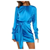 Haljina ženski Dugi rukav okrugli vrat elastični čipkasti struk elegantna koktel haljina satenska haljina plava XL
