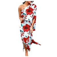 Ljetne haljine za žene kratki rukav dužine koljena jedno rame a-Line cvjetno crveno 2XL